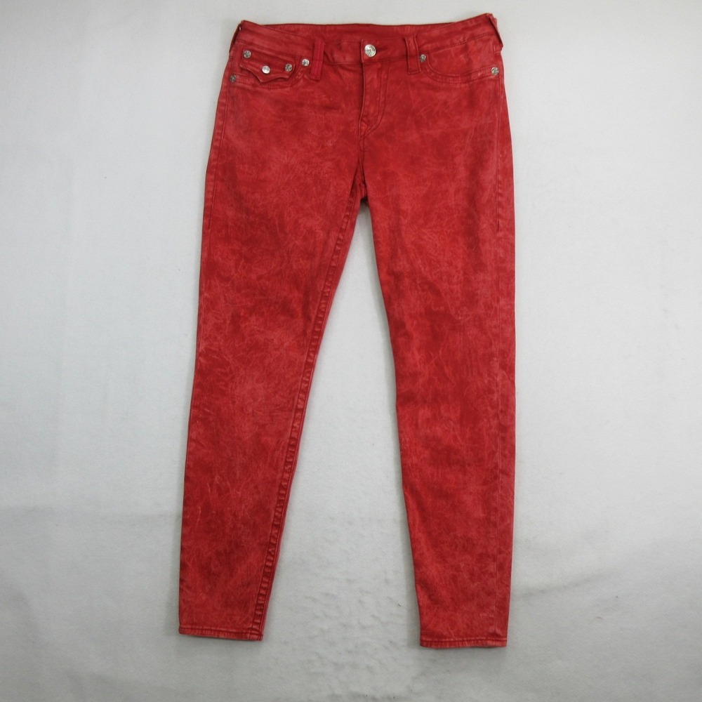 True Religion Women's Red Acid Wash Skinny Jeans Size 33 Legging With Flap